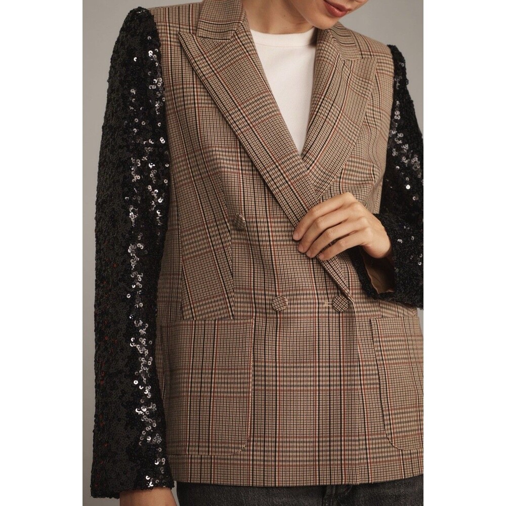 Anthropologie Mare Mare Blazer Sequin Sleeve Brown Preppy Boho Retro Large NWT
